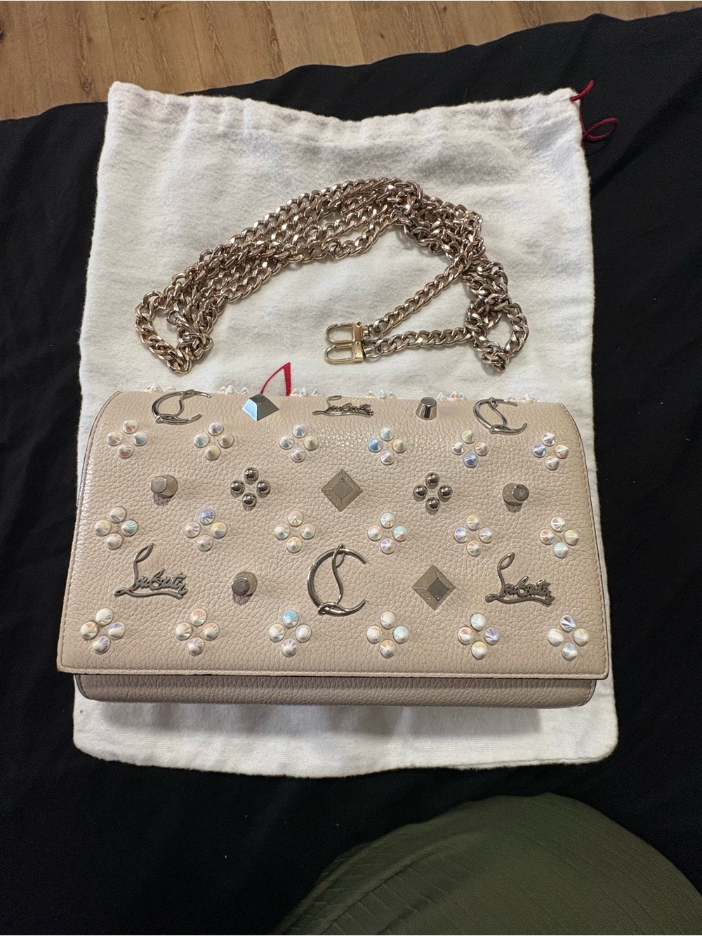 Christian Louboutin Taupe Embellished Leather Chain Crossbody Bag